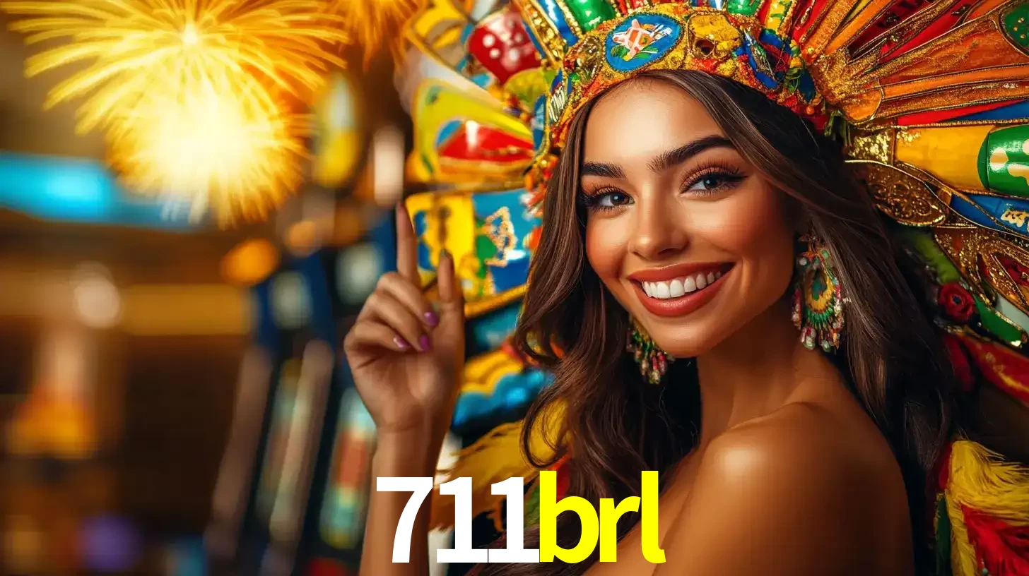 Mulher sorridente com um cocar de carnaval vibrante e colorido, celebrando uma grande vitória nos jogos do cassino 711brl com fogos de artifício ao fundo.