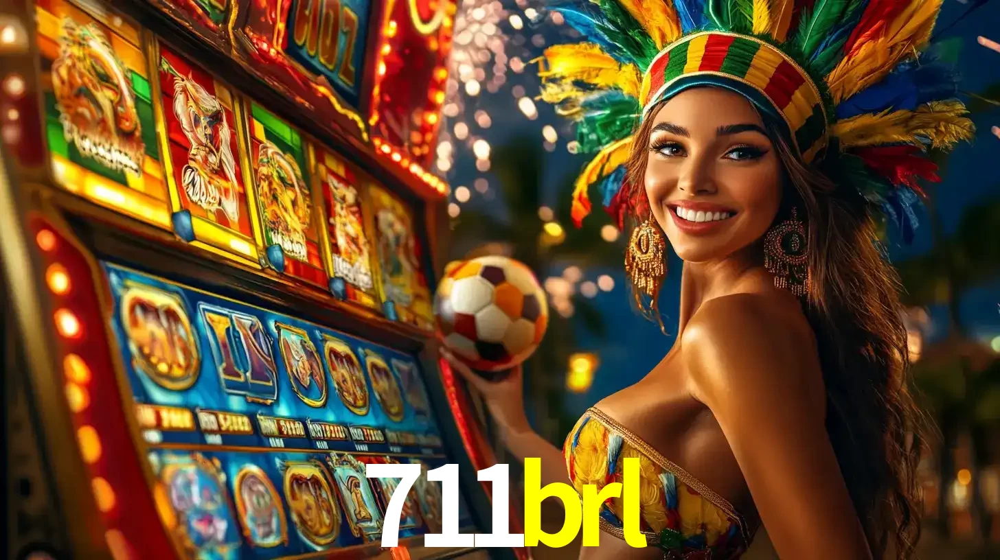 Mulher com um cocar de carnaval ao lado de uma máquina de caça-níqueis enquanto segura uma bola de futebol, mostrando a união da diversão de cassino e esportes no 711brl.