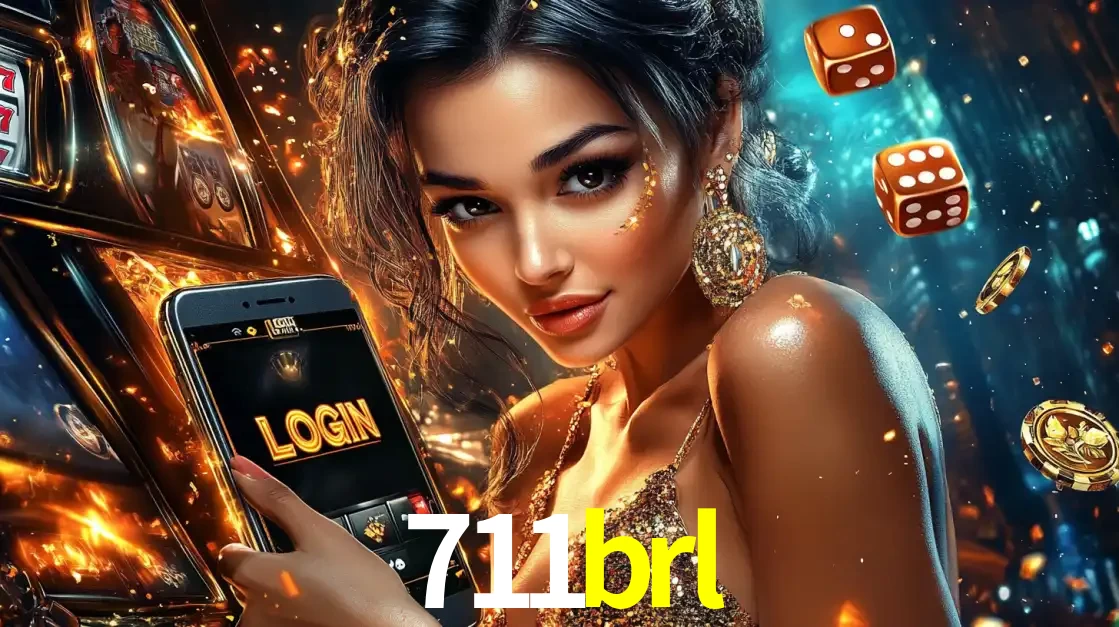 Mulher glamourosa segurando um celular com a tela de login do cassino 711brl, rodeada por dados e moedas douradas, pronta para começar a diversão.