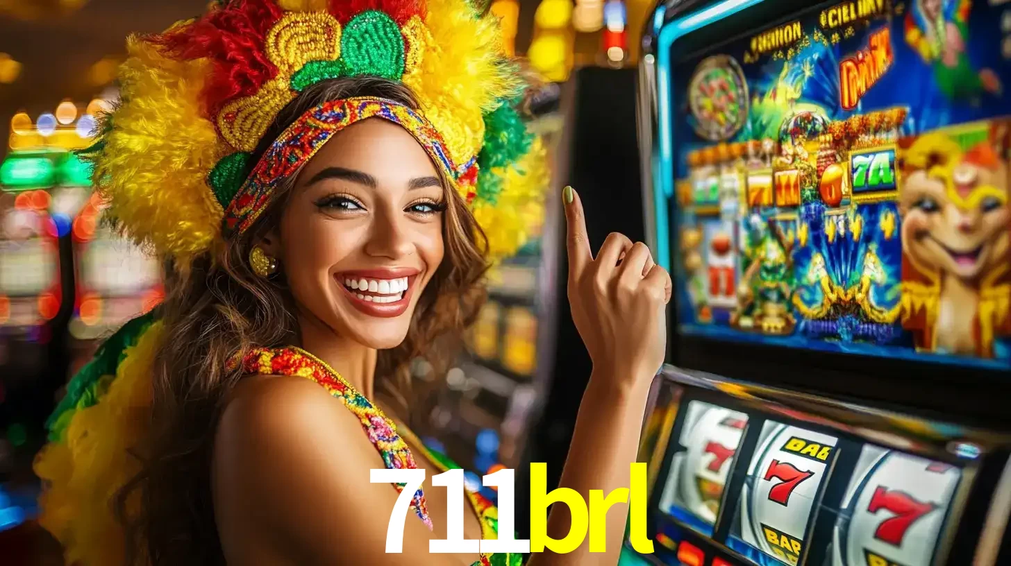 Mulher animada com um cocar de carnaval apontando para uma máquina de caça-níqueis, mostrando a emoção de ganhar um grande prêmio nos jogos do 711brl.
