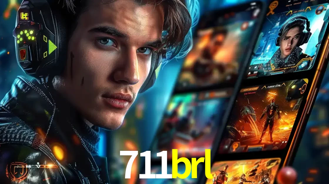 Jovem jogador com fones de ouvido olhando para a câmera, com um aplicativo de jogos e e-sports para celular ao fundo, pronto para a competição e apostas no 711brl.