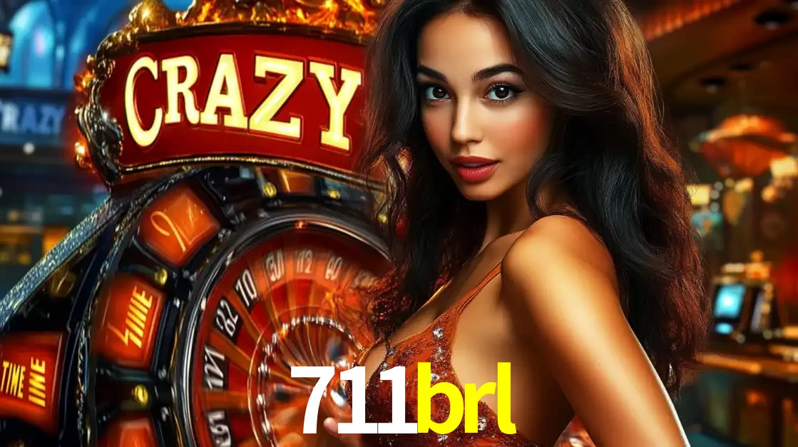 Mulher glamourosa olhando para a câmera com a roda vermelha do Crazy Time ao fundo em um ambiente de cassino, destacando a emoção dos jogos ao vivo no 711brl.