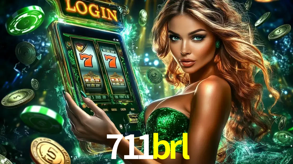 Mulher com tema verde apresentando o aplicativo do cassino 711brl com um jogo de slot de 777, cercada por fichas de cassino e uma aura de sorte.