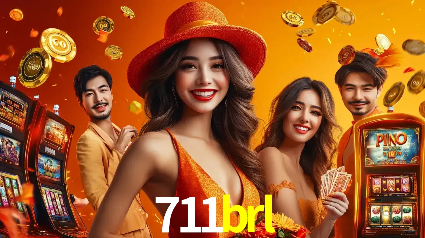 Grupo de amigos asiáticos sorrindo e se divertindo com máquinas de caça-níqueis em um ambiente festivo, celebrando suas vitórias nos jogos de cassino do 711brl.
