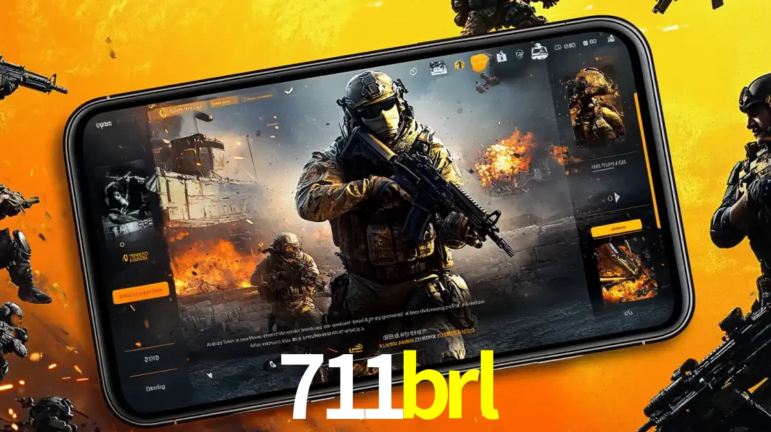 Um smartphone exibindo a interface de um jogo de tiro em primeira pessoa, com um soldado em um cenário de batalha, representando a ação dos e-sports para apostar no 711brl.