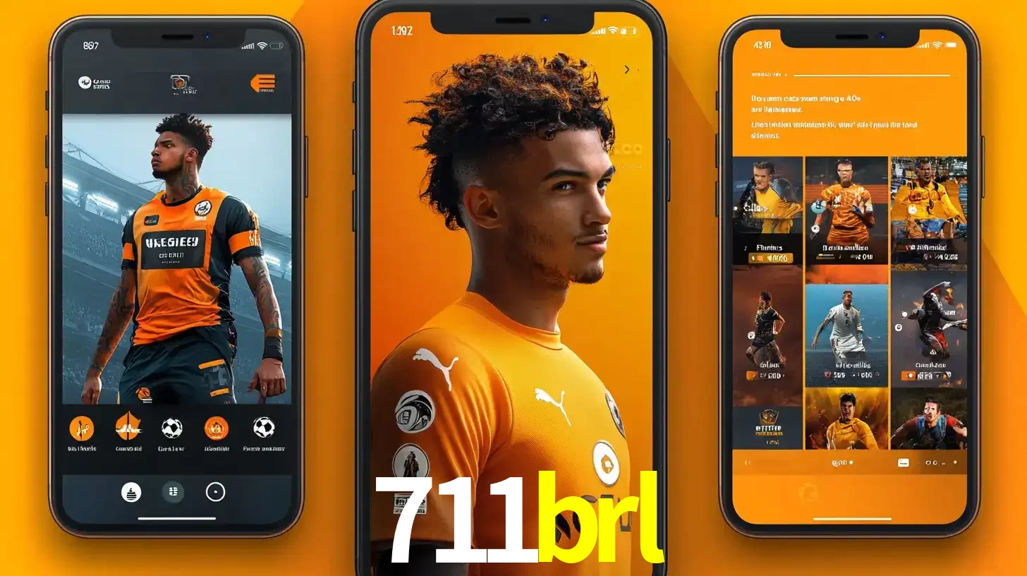 Interface do aplicativo de apostas esportivas 711brl em três telas de celular, mostrando o perfil de um jogador de futebol e a lista de jogos disponíveis para apostar.