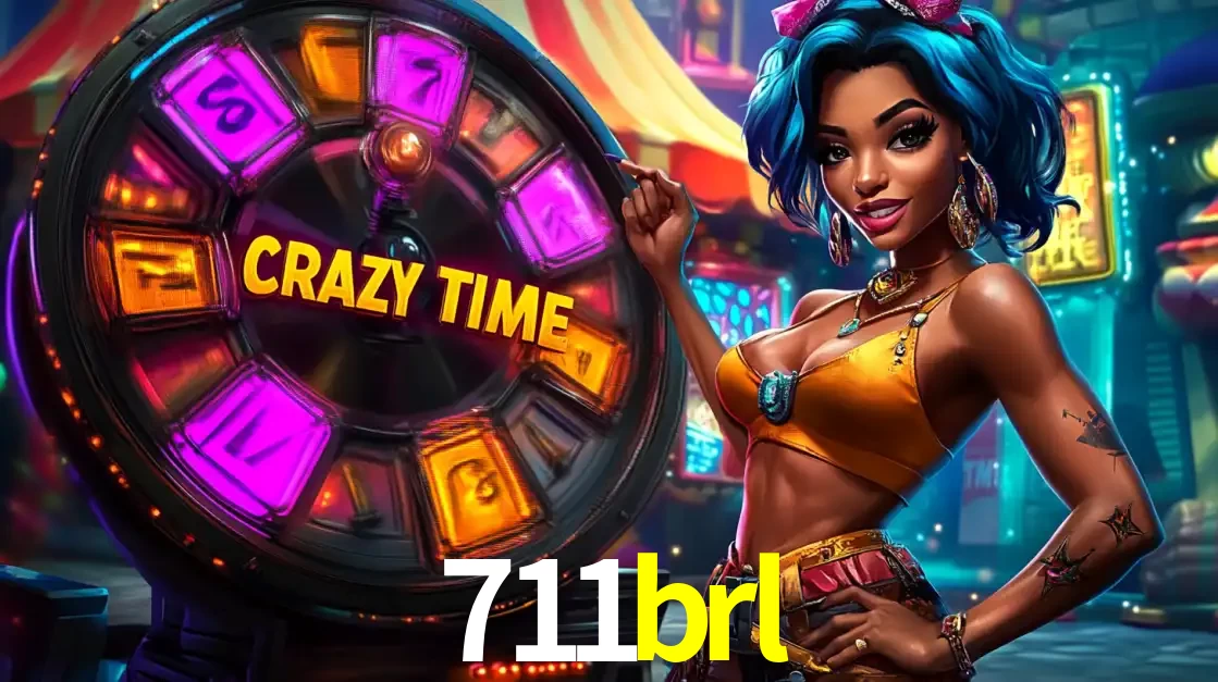 Mulher estilizada com cabelo azul e visual vibrante posando ao lado da roda de prêmios do game show Crazy Time, convidando para a diversão e os bônus do cassino 711brl.