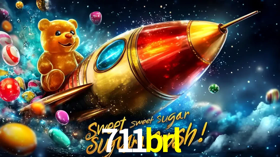 Arte promocional do jogo de slot Sugar Rush, com um urso de pelúcia em um foguete viajando pelo espaço de doces, um dos jogos divertidos disponíveis no cassino 711brl.