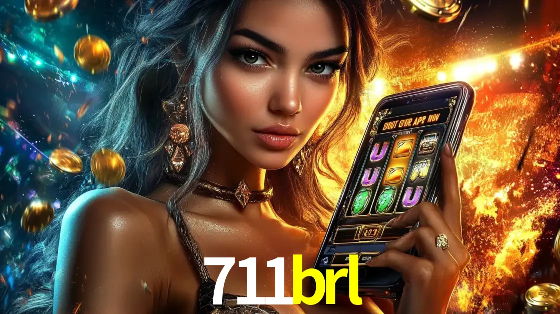Mulher elegante mostrando um jogo de caça-níqueis em seu smartphone, destacando a experiência de cassino móvel oferecida pelo aplicativo 711brl.