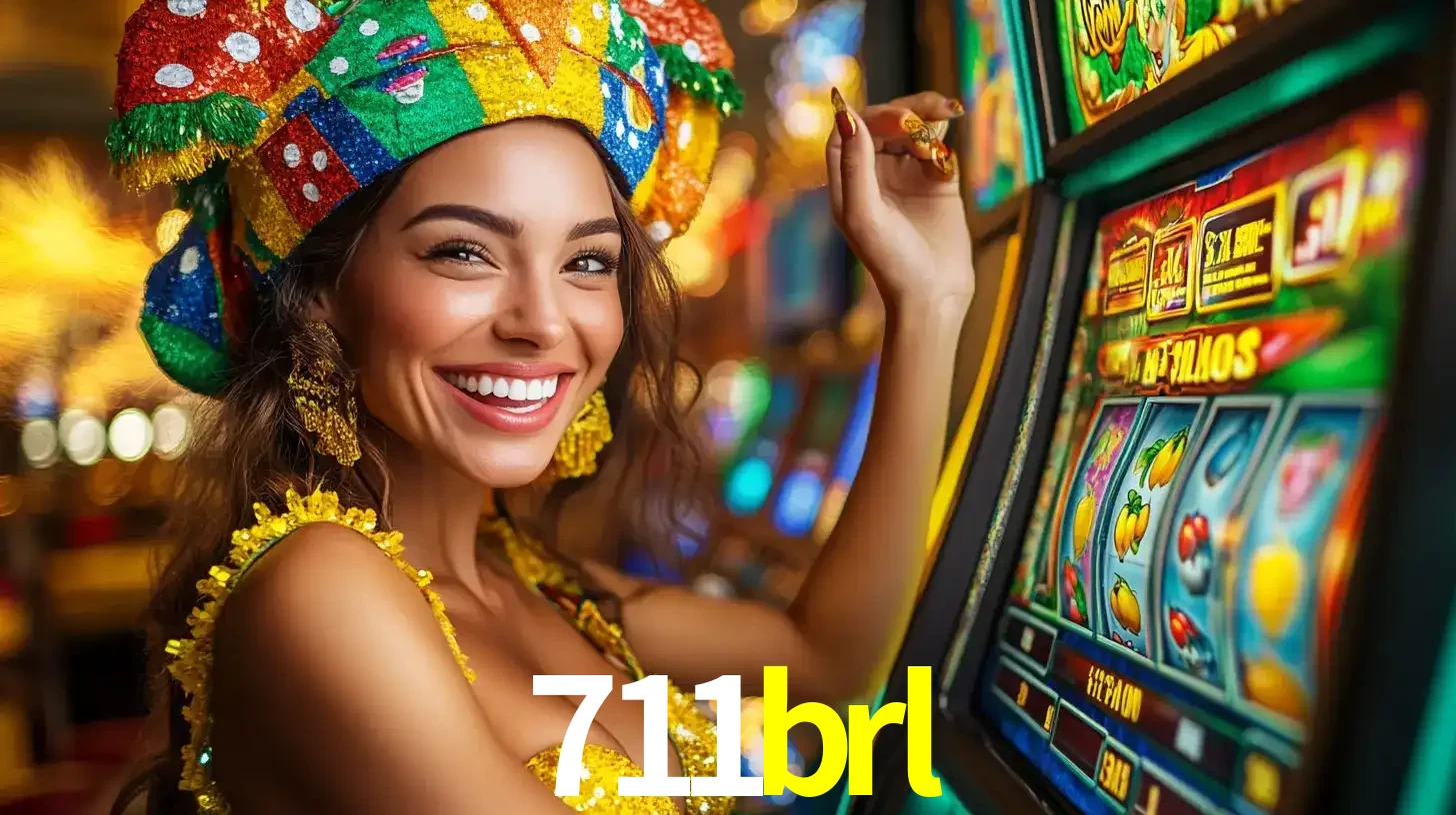 Mulher feliz com traje de carnaval amarelo e colorido ao lado de uma máquina de caça-níqueis, aproveitando a diversão e os jogos temáticos do cassino 711brl.