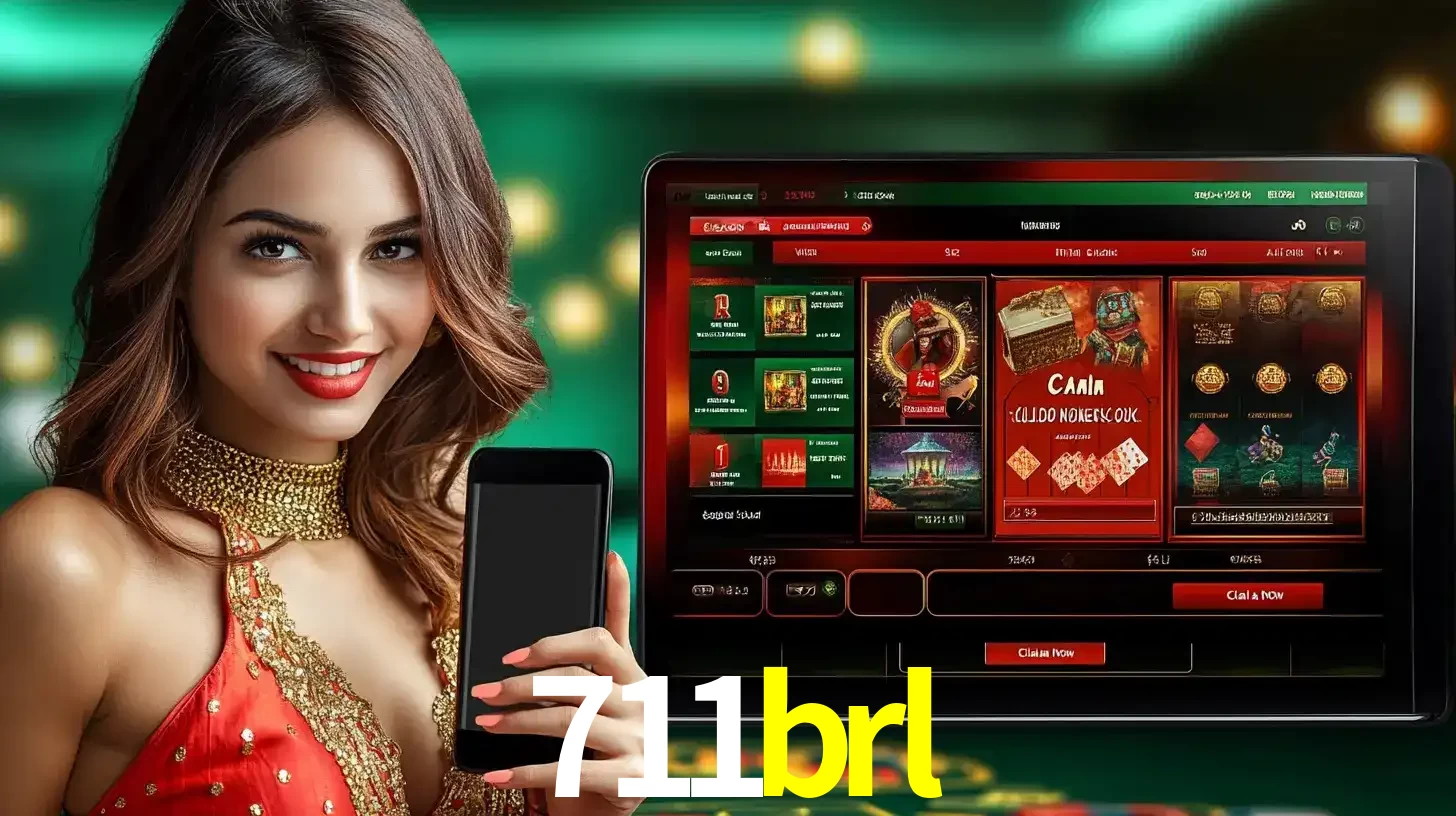 Mulher sorridente segurando um smartphone, ao lado de uma tela exibindo o lobby de jogos do cassino online 711brl, com várias opções de jogos de cartas e slots.